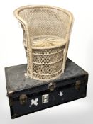 A vintage Mossman trunk, width 91 cm, and a wicker chair.