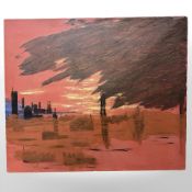 Derek Wilson (1955-2024) Contemporary landscape with red sky, oil on canvas,