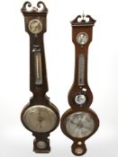 A 19th century rosewood barometer and a 20th century mahogany example.