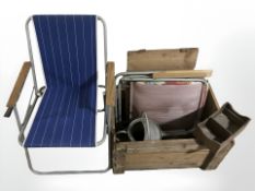 A vintage pine crate, vintage garden chair,