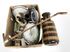 A West German pottery jug, horn handled riding crop with silver mount,