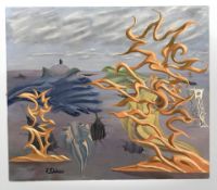 Derek Wilson (1955-2024) Surrealist landscape with sculptures, oil on canvas,