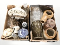 A ceramic light fitting (wired), a group of stoneware and glass vessels, caddies, decanter, etc.