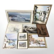 A group of pictures and prints including oil on canvas landscapes and town scenes,