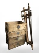 Four vintage pine crates and a group of hand saws