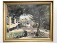 Danish School : A church spire in a valley, oil on canvas, 54 cm x 43 cm.