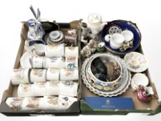 A quantity of Royal commemorative mugs, Delft windmill table lamp, figures, other ceramics, etc.