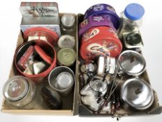 A group of tins, kitchen storage jars, etc.
