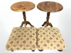 A pair of pine tripod tables and a pair of footstools.