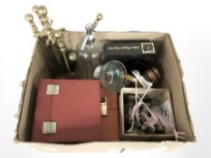 A brass companion set, Soda syphon, hip flask,