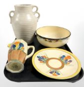 A Clarice Cliff for Newport Pottery Bizarre crocus patterned jug, a further plate (restored),