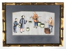 19th century Chinese School : An artisan watched by figures in a street, bodycolour, 15 cm x 25 cm.