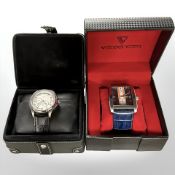 A gent's stainless steel Veloci Tech quartz wristwatch, case 36 mm, and a further W2 wristwatch,