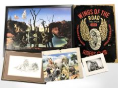 A group of pictures and prints including Salvador Dali print, a tin sign, wildlife pictures,