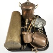 A large brass ammunition shell, together with other metal wares including copper ladles, pans,