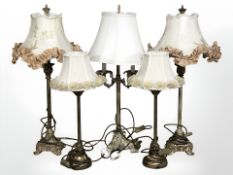 Five decorative contemporary table lamps, tallest 74 cm.