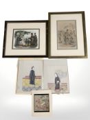 A group of unframed Chinese watercolour paintings, and two further framed oriental prints.