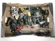 A collection of die cast scale military vehicles, air craft including Dinky,