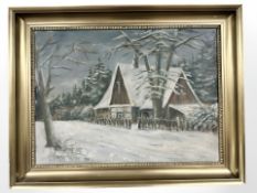 Danish School : A woodland lodge in snow, oil on canvas, 46 cm x 33 cm.