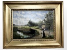 Danish School : Figure by a bridge with ducks, oil on canvas, 44 cm x 31 cm.