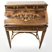 A late Victorian mahogany and satinwood-inlaid lady's cylinder front writing bureau,