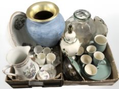 Various ceramics including a Masons chartreuse lamp base, earthenware tea and coffee set, large urn,