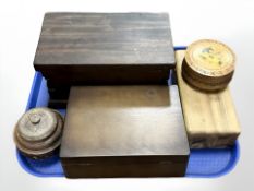 An antique mahogany box, together with further trinket boxes and pots.