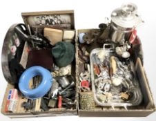 Assorted metal wares, tea urn, cutlery, packs of playing cards, dominoes, chalk board, etc.