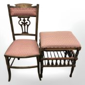 An oak occasional chair and a stool with under shelf in matching fabric.