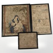 Two Victorian alphabet samplers and a further religious embroidery by Mary Anne Shaw, 1846,