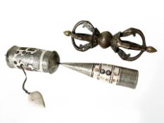 A Tibetan inlaid bone prayer wheel, length 20 cm, and a further 19th century bronze dorje.