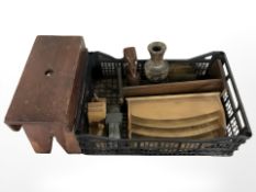 A wooden book trough, letter rack, pine cracket,