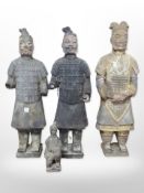Four Chinese terracotta soldiers, tallest 37cm.
