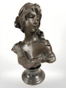 A hollow cast bronze head and shoulders bust of a lady, height 37 cm.
