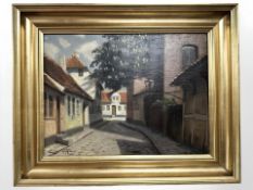 E Fischer : A cobbled street, oil on canvas, 38 cm x 28 cm.
