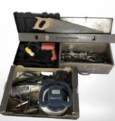 A boxed Site percussion drill, electronic buffer, assorted spanners and other hand tools,