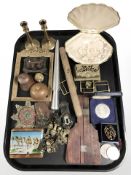 A group of costume jewellery, Coronation medal, pair of brass candlesticks, brass draw pulls,