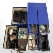A vintage camera, other photography components, two index drawers and contents, etc.