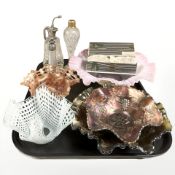 Two carnival glass dishes, pair of Daum France salts, silver mounted atomiser,