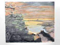 Derek Wilson (1955-2024) : Rocks by a coast, oil on canvas, 108 cm x 90 cm.