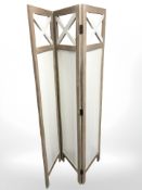 A contemporary three fold screen, each panel 45 cm x 180 cm.
