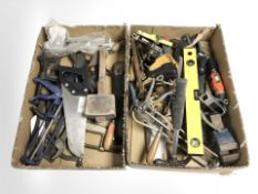 A group of hand tools, vices, spirit level, a Black and Decker electric screwdriver, etc.
