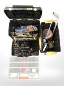 Two plastic toolboxes and contents, a further multi-division box containing screws, handsaw, etc.
