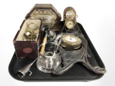 A Smith Electric Art Deco mantle clock, Art Nouveau cast metal easel photo frame, plated wares,