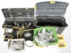 Two plastic tool boxes and contents, two site lights,