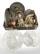 Two silver plated gallery trays, glass bowls, carnival glass bowl, ceramic figurines,