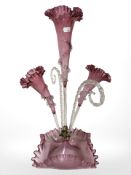 A Victorian clear and cranberry glass epergne, height 56 cm.