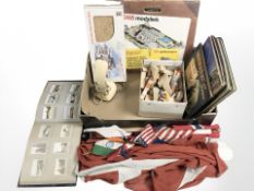 A group of desk flagpoles, childrens building blocks, albums of Danish collectors cards, etc.