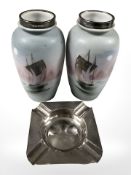 A silver ashtray with engine turned decoration, Birmingham marks,