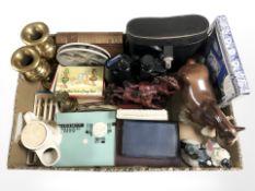 A group of figurines, resin figure of galloping horses, boxed cutlery,